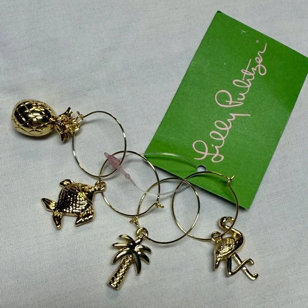 Lilly Pulitzer Gold Beverage Charms Set of 4 Flamingo Palm Fish Pineapple NWT